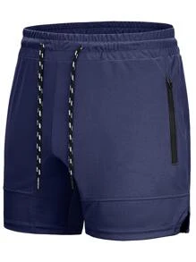 Manfinity Sport Corelite Boyfriend Style Men Zip Pocket Split Hem Drawstring Waist Sports Shorts - Navy Blue - View 5