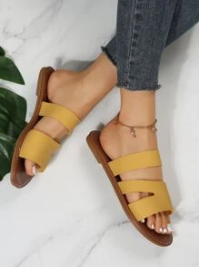 Fashion Yellow Slide Sandals Women Cut Out Design Flat Sandals - Yellow - View 2