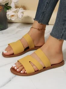 Fashion Yellow Slide Sandals Women Cut Out Design Flat Sandals - Yellow - View 7