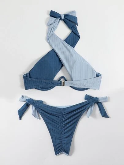 Swim Mod Conjunto de bikini de dos tonos Sujetador con aros recortados entrecruzados y parte inferior de bikini con lazo lateral Traje de baño de 2 piezas
