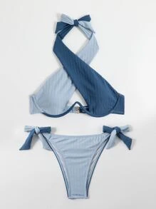 Swim Mod Conjunto de bikini de dos tonos Sujetador con aros recortados entrecruzados y parte inferior de bikini con lazo lateral Traje de baño de 2 piezas - Azul - Ver 5