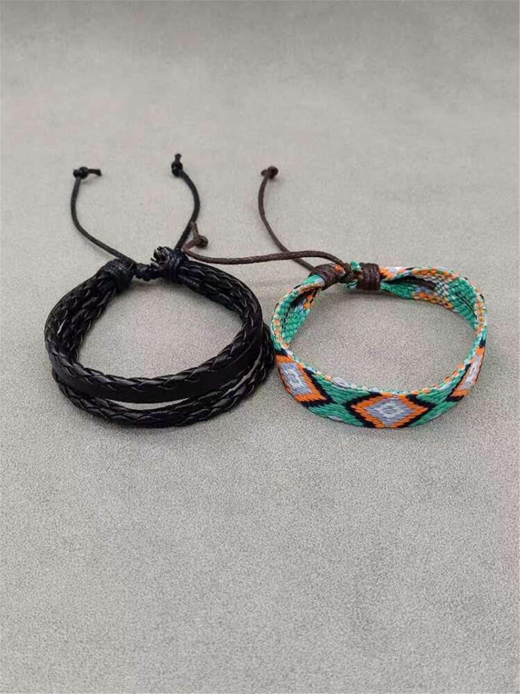 Hombres 2 piezas/set Pulsera trenzada con patrón geométrico - Multicolor - Añade 2