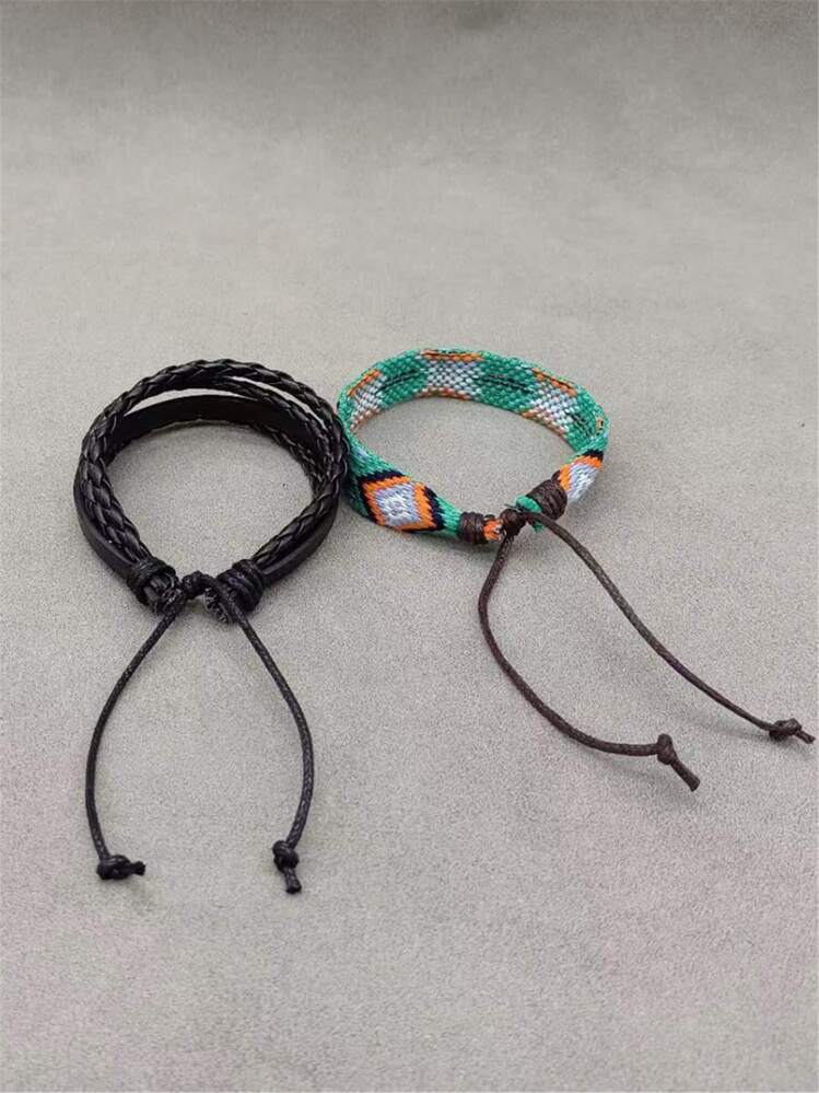 Hombres 2 piezas/set Pulsera trenzada con patrón geométrico - Multicolor - Añade 4