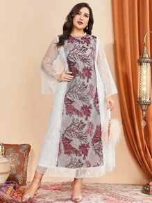 Al Najma 大碼花卉刺繡喇叭袖蕾絲連衣裙 - 彩色 - 查看 1