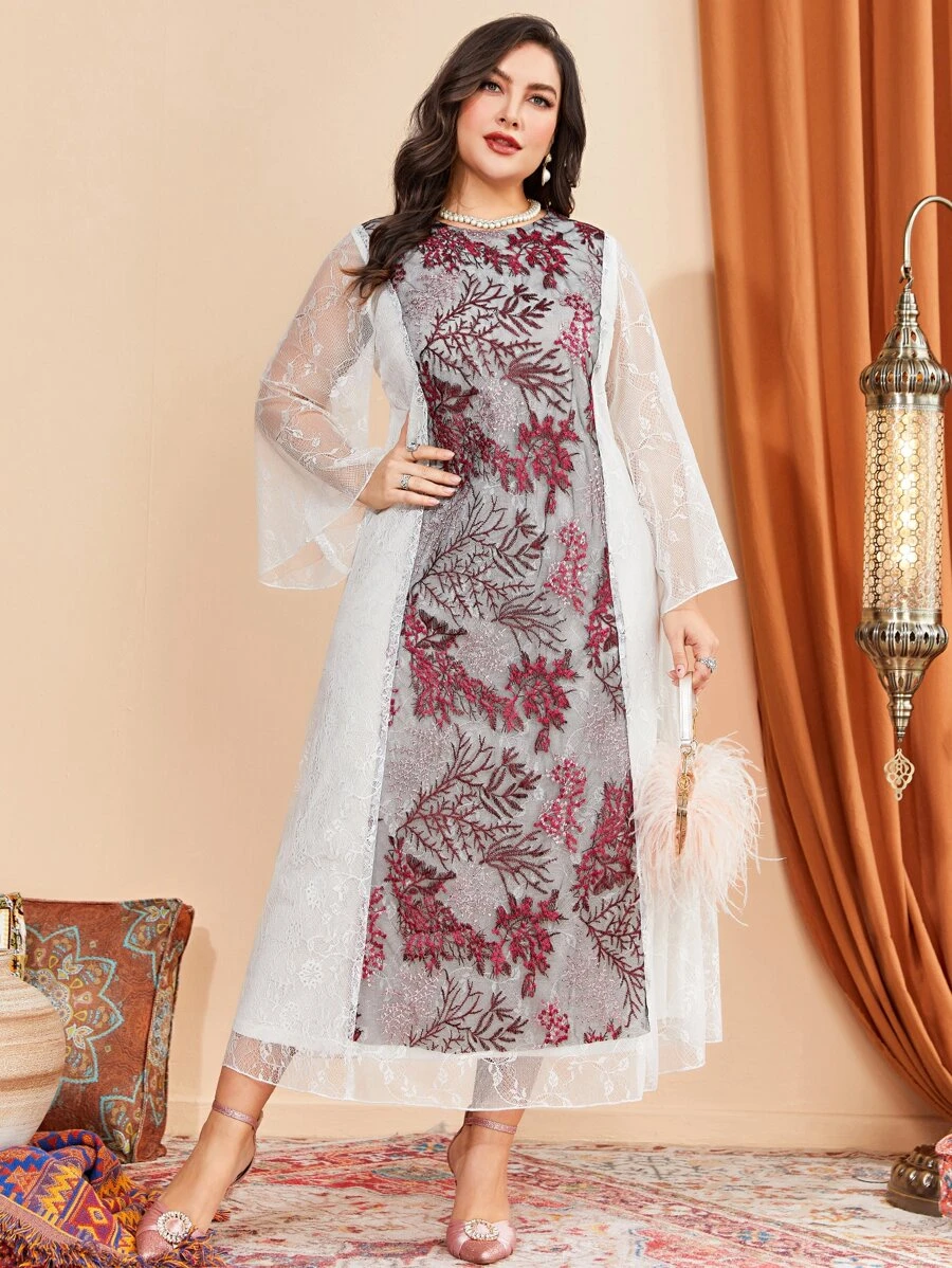 Al Najma 大碼花卉刺繡喇叭袖蕾絲連衣裙 - 彩色 - 查看 1