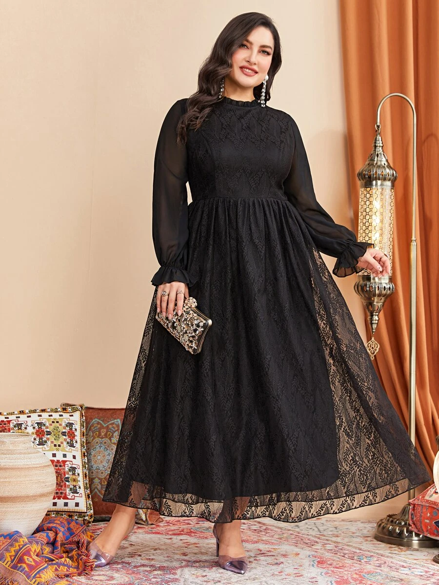 Modelyn Plus Flounce Sleeve Lace Dress - Black - View 1