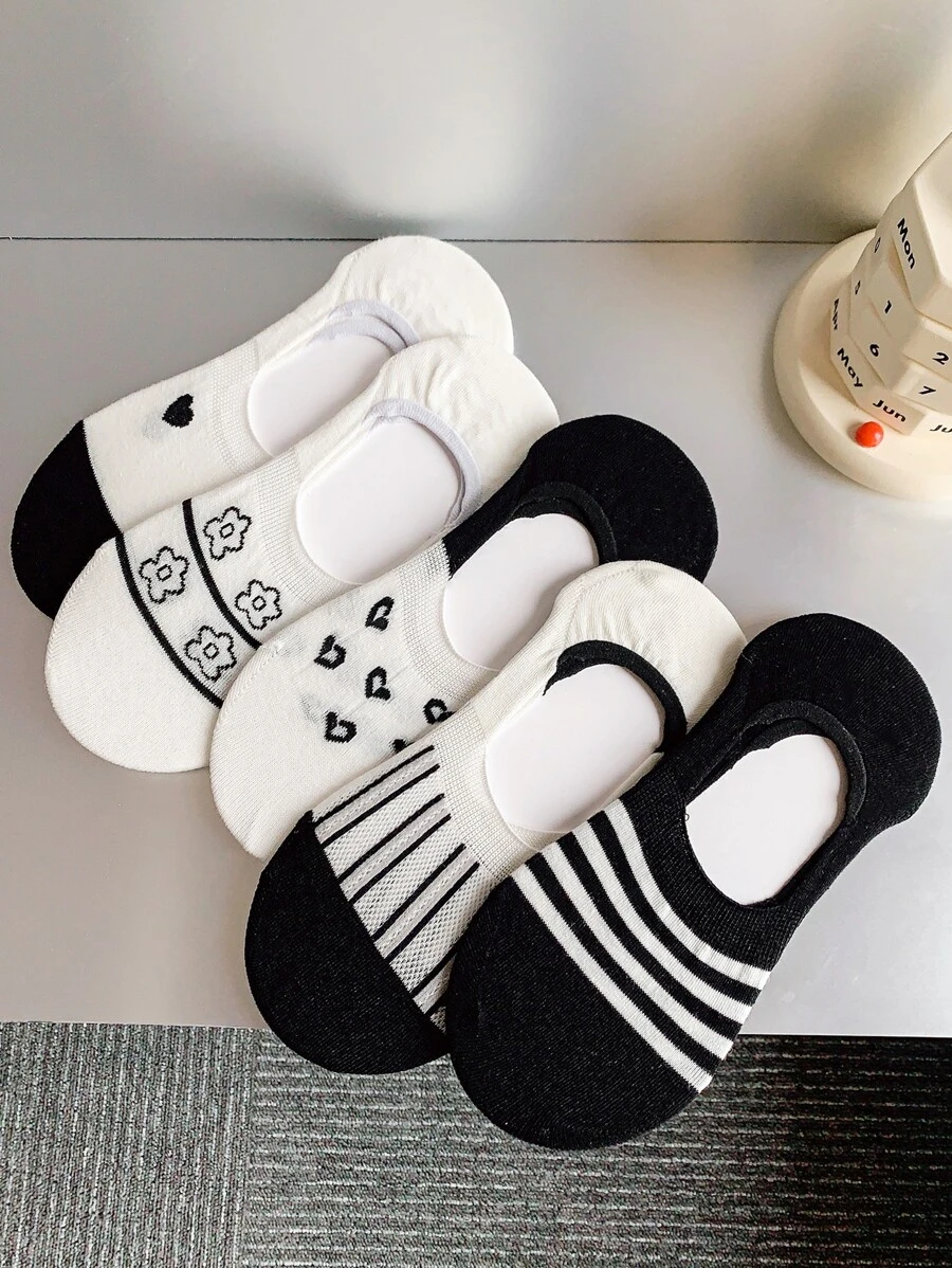5 đôi Vớ vô hình họa tiết sọc & trái tim - Đen và trắng - Xem 1