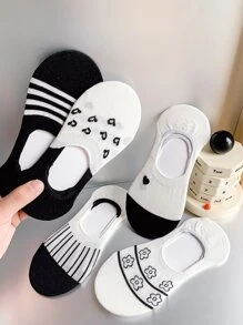 5 đôi Vớ vô hình họa tiết sọc & trái tim - Đen và trắng - Xem 2