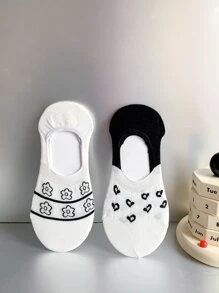 5 đôi Vớ vô hình họa tiết sọc & trái tim - Đen và trắng - Xem 3