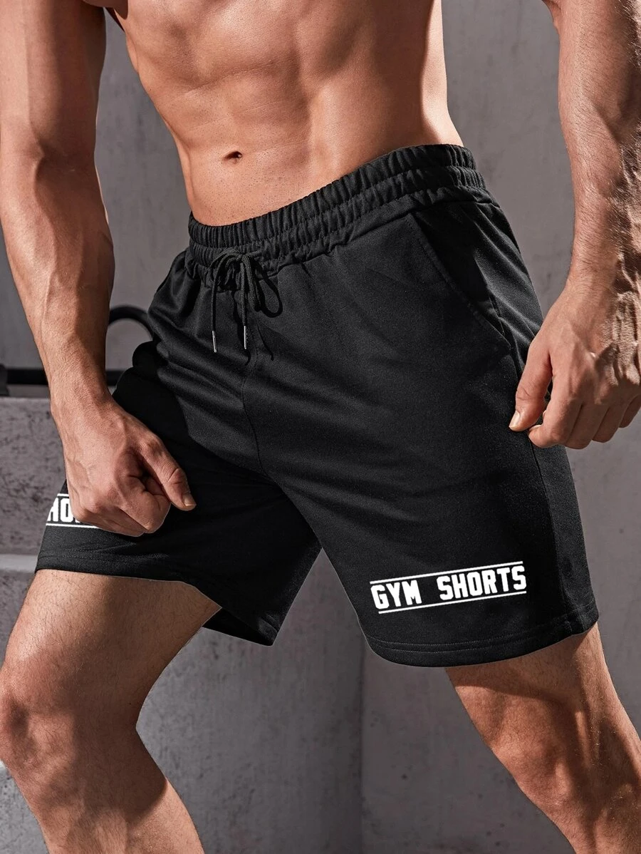 Men Letter Graphic Drawstring Waist Sports Shorts - Black - View 1