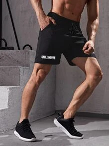 Men Letter Graphic Drawstring Waist Sports Shorts - Black - View 3
