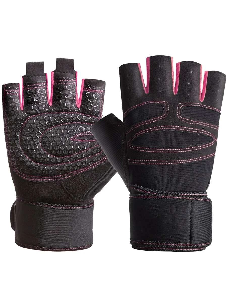 1 đôi Găng tay thể thao nửa ngón có chi tiết khâu, thích hợp cho đạp xe, đi xe máy và trượt tuyết - Hồng - Xem 1