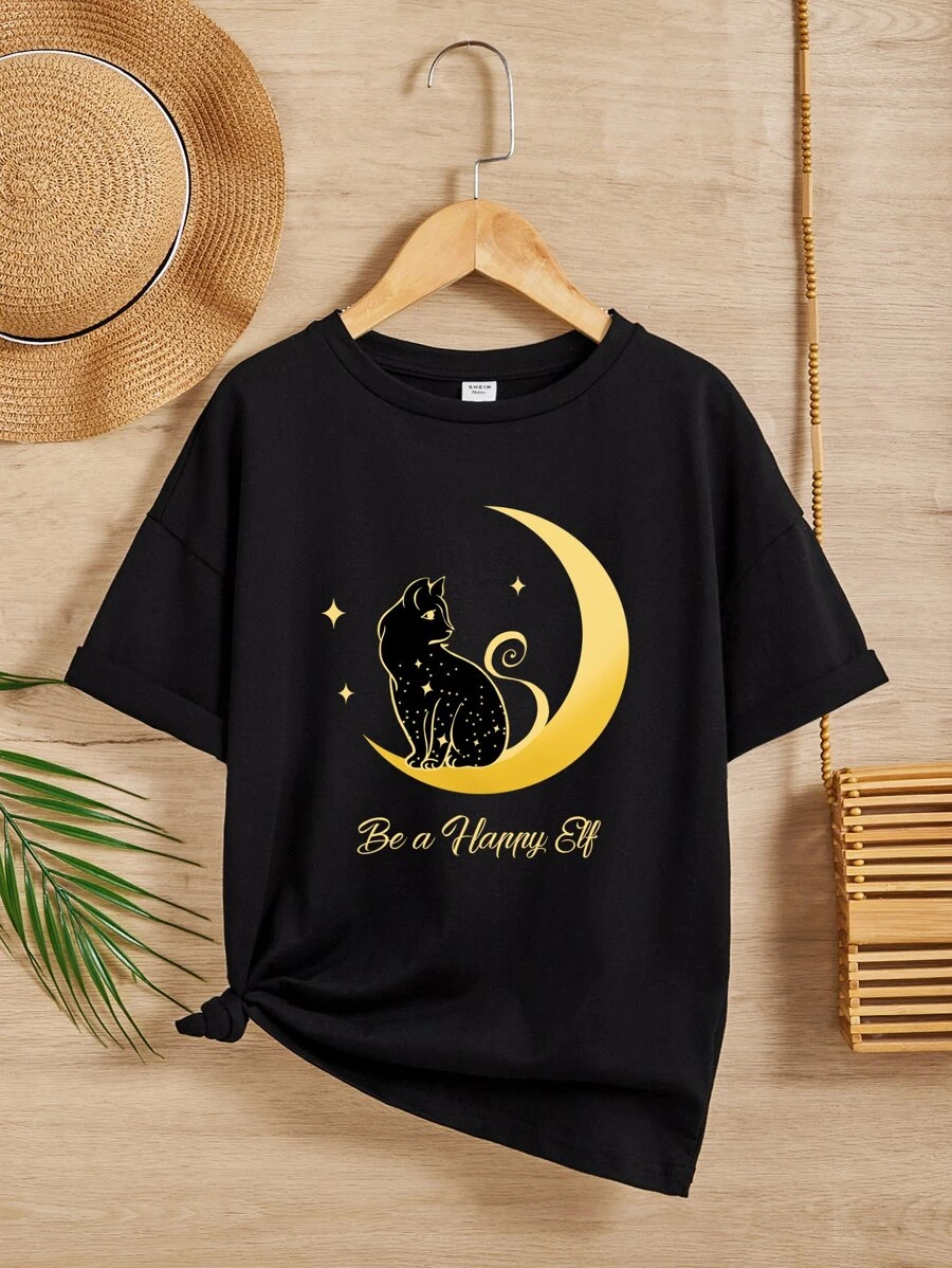 SHEIN Tops con gái Thú vật Slogan Giải trí - màu đen - Xem 1