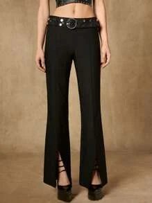 SHEIN ICON Solid Split Hem Flare Leg Trousers Without Belt - Black - View 2