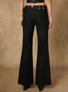 SHEIN ICON Solid Split Hem Flare Leg Trousers Without Belt - Black - View 3
