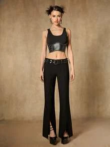 SHEIN ICON Solid Split Hem Flare Leg Trousers Without Belt - Black - View 4