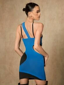 SHEIN ICON Two Tone Cut Out Asymmetrical Neck Bodycon Dress - Multicolor - View 2
