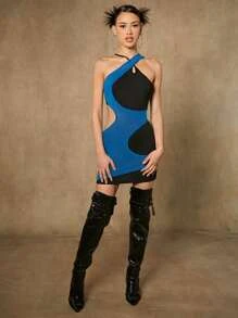 SHEIN ICON Two Tone Cut Out Asymmetrical Neck Bodycon Dress - Multicolor - View 4