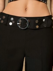 SHEIN ICON Solid Split Hem Flare Leg Trousers Without Belt - Black - View 6