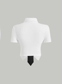 SHEIN MOD Black Tie Neck Asymmetrical Hem Open Placket Butterfly Metal Buckle White Crop Tee