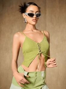 SHEIN ICON Lace Up Front Cami Top - Lime Green - View 3