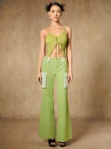 SHEIN ICON Lace Up Front Cami Top - Lime Green - View 5