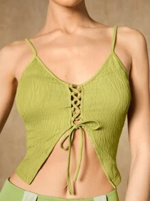SHEIN ICON Lace Up Front Cami Top - Lime Green - View 6