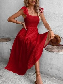 SHEIN VCAY Ruffle Trim Shirred Detail Dress - Red - View 1