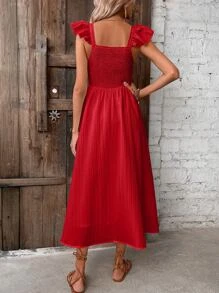 SHEIN VCAY Ruffle Trim Shirred Detail Dress - Red - View 2