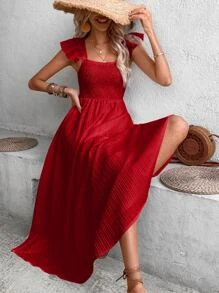 SHEIN VCAY Ruffle Trim Shirred Detail Dress - Red - View 3