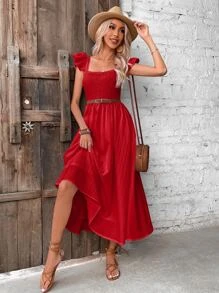SHEIN VCAY Ruffle Trim Shirred Detail Dress - Red - View 4