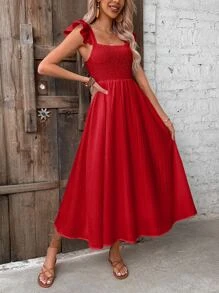 SHEIN VCAY Ruffle Trim Shirred Detail Dress - Red - View 5