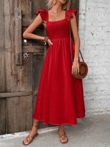 SHEIN VCAY Ruffle Trim Shirred Detail Dress - Red - View 6