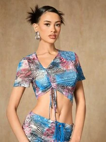 SHEIN ICON 豹紋印花前抽繩短款T恤