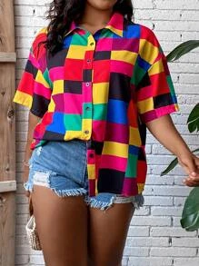 SHEIN LUNE Große Größen Geo-Muster Hemd mit Dropped Shoulder für den Sommer