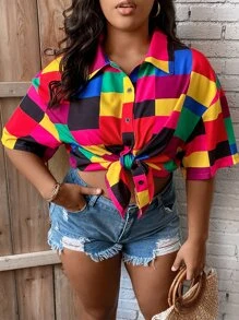 SHEIN LUNE Große Größen Geo-Muster Hemd mit Dropped Shoulder für den Sommer