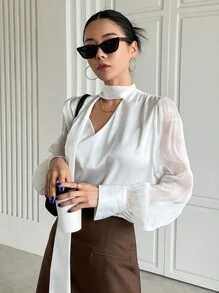 DAZY Keyhole Neckline Lantern Sleeve Draped Detail Blouse - White - View 1