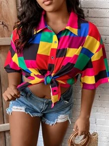 SHEIN LUNE Große Größen Geo-Muster Hemd mit Dropped Shoulder für den Sommer