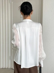 DAZY Keyhole Neckline Lantern Sleeve Draped Detail Blouse - White - View 2