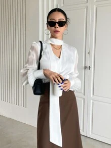 DAZY Keyhole Neckline Lantern Sleeve Draped Detail Blouse - White - View 3