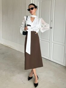 DAZY Keyhole Neckline Lantern Sleeve Draped Detail Blouse - White - View 4