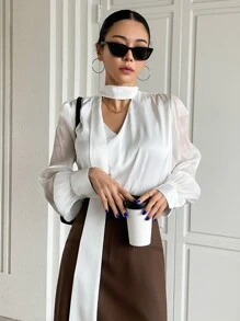 DAZY Keyhole Neckline Lantern Sleeve Draped Detail Blouse - White - View 5