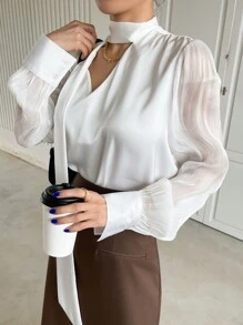 DAZY Keyhole Neckline Lantern Sleeve Draped Detail Blouse - White - View 6