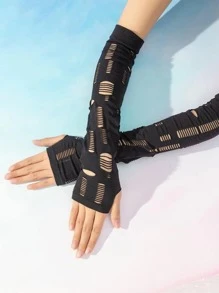 Hollow Out Long Fingerless Gloves - Black - View 1