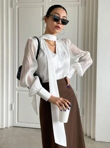 DAZY Keyhole Neckline Lantern Sleeve Draped Detail Blouse - White - View 7