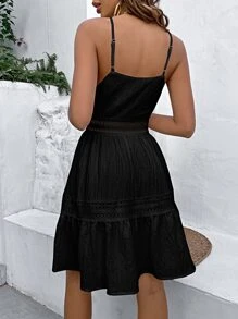 Breezaya Đầm Tương phản ren Viên lá sen màu trơn Giải trí - màu đen - Xem 2