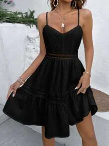 Breezaya Đầm Tương phản ren Viên lá sen màu trơn Giải trí - màu đen - Xem 3