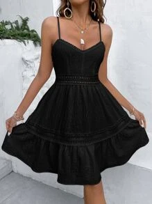 Breezaya Đầm Tương phản ren Viên lá sen màu trơn Giải trí - màu đen - Xem 4