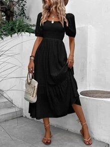 SHEIN VCAY Vestido de cuello cuadrado de manga farol bajo con fruncido - Negro - Ver 1