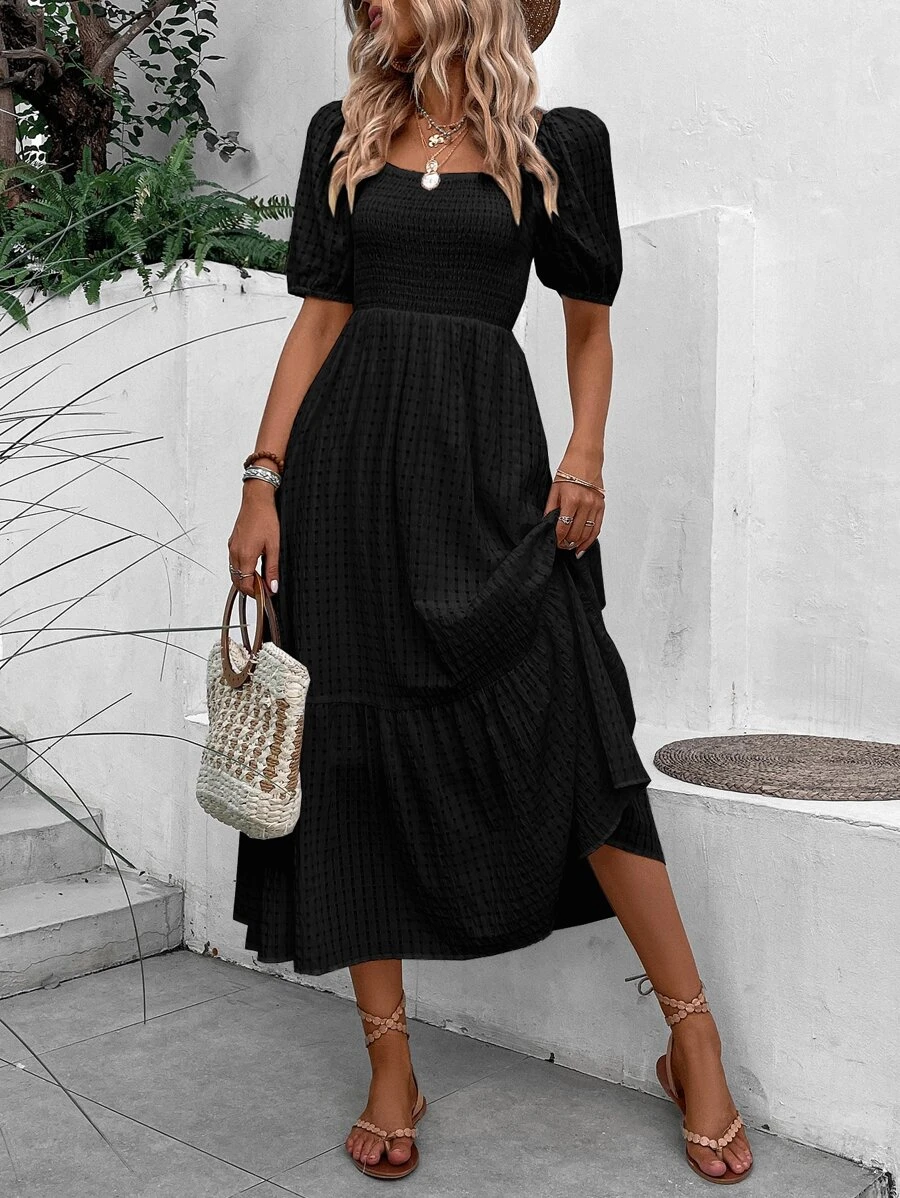 SHEIN VCAY Vestido de cuello cuadrado de manga farol bajo con fruncido - Negro - Ver 1